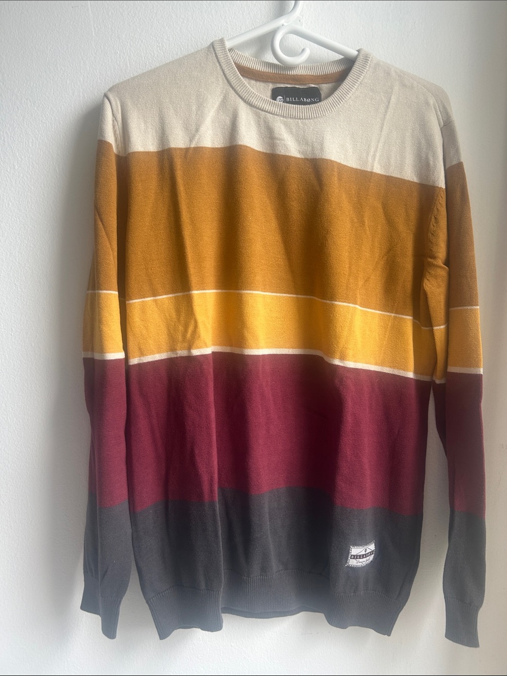 BillabongMen's Striped Crewneck Sweater in Cream, Mustard & Burgundy